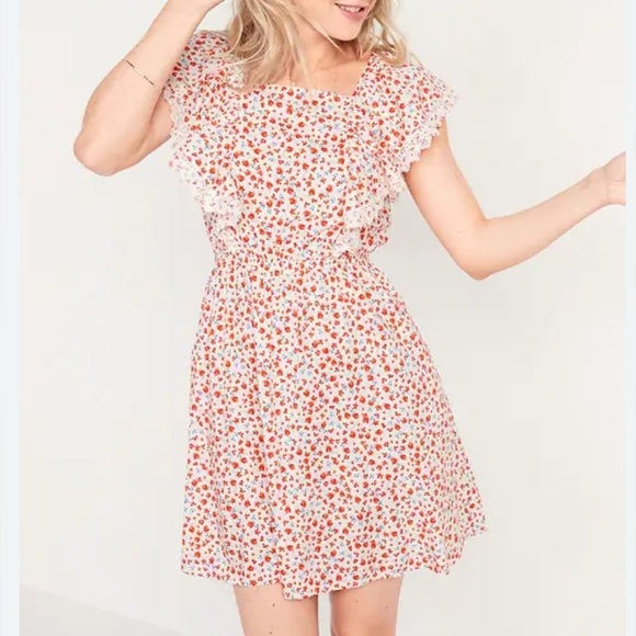 Old Navy Dresses & Skirts - Old Navy Floral Ruffle Sleeve Tie Back Dress White Red Blue Plus Size 3X